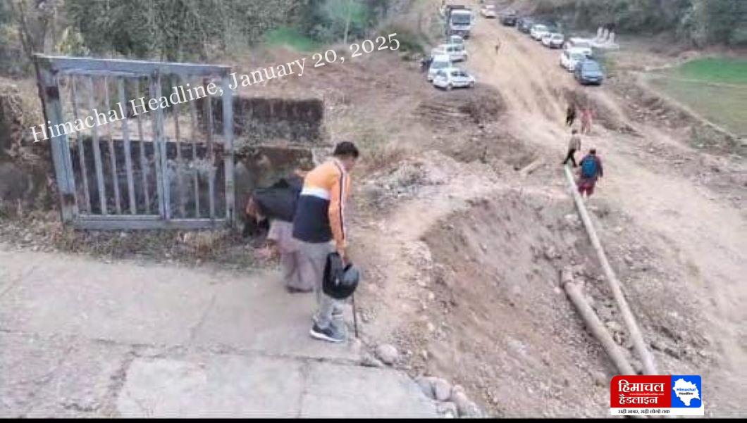 Due to the broken link road of the under construction National Highway 03, elderly people are not able to walk properly and have to walk with the help of others